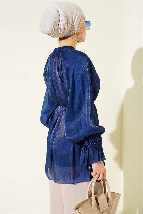 Navy Blue Buttoned Evening Shirt with Rose Detail