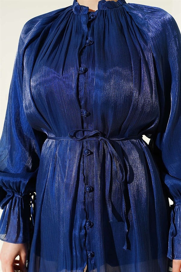 Navy Blue Buttoned Evening Shirt with Rose Detail