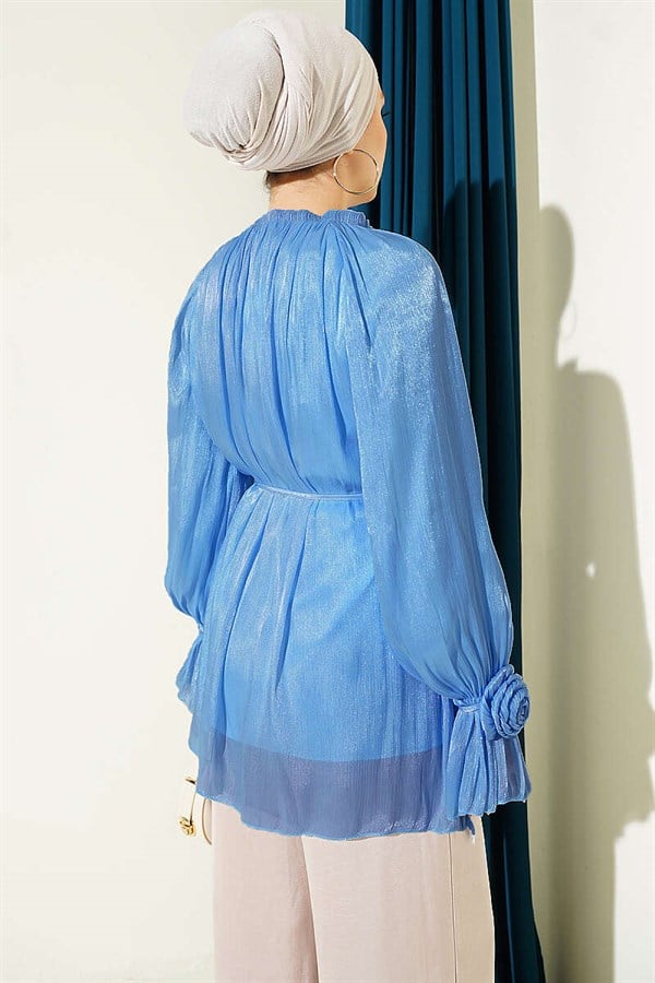 Rose Detail Buttoned Evening Shirt Blue