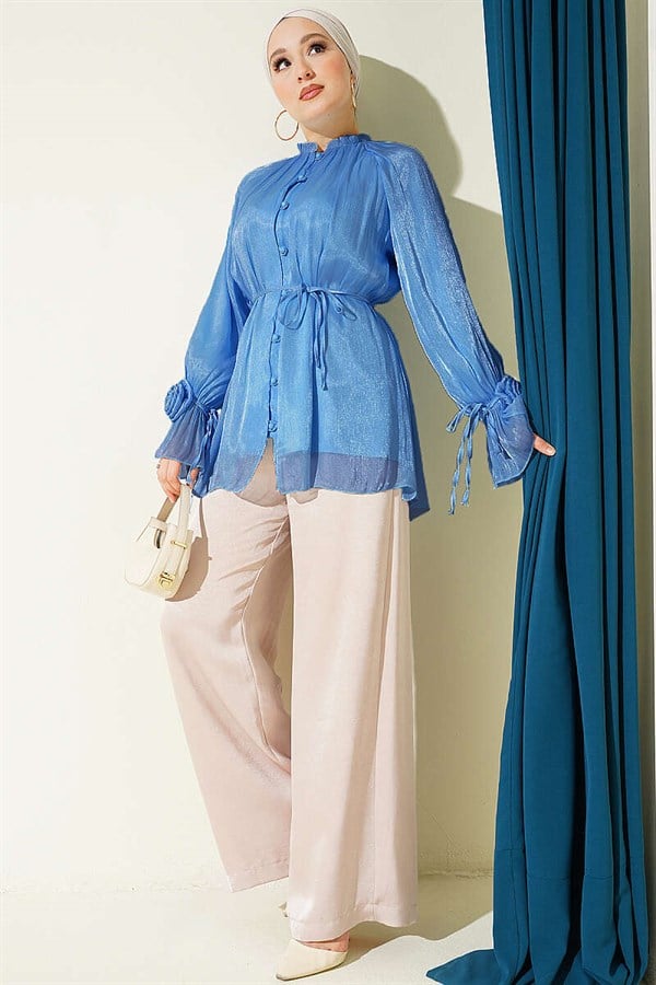 Rose Detail Buttoned Evening Shirt Blue