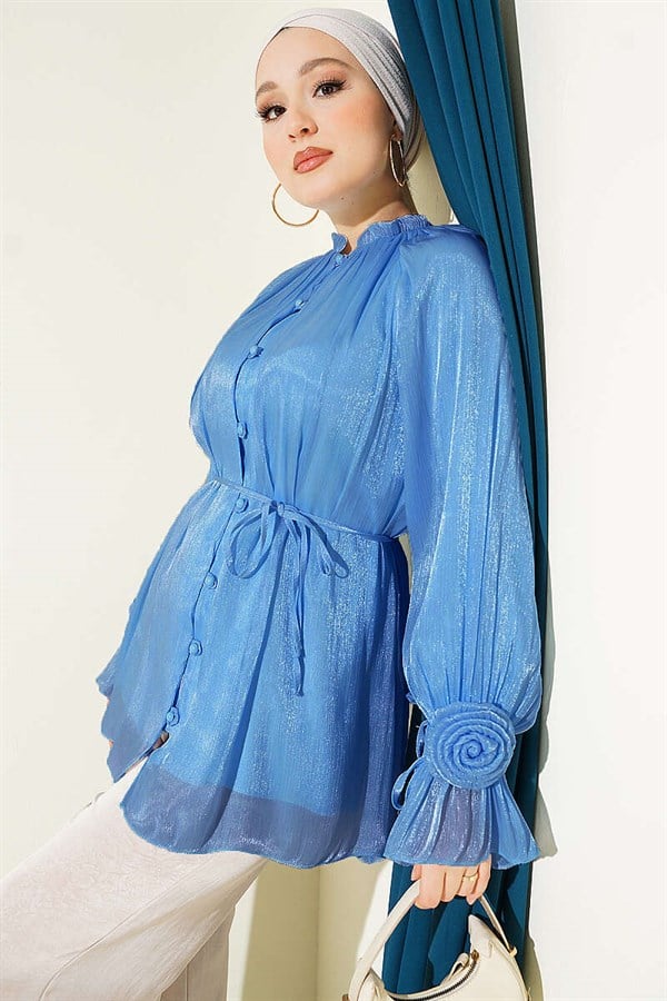 Rose Detail Buttoned Evening Shirt Blue