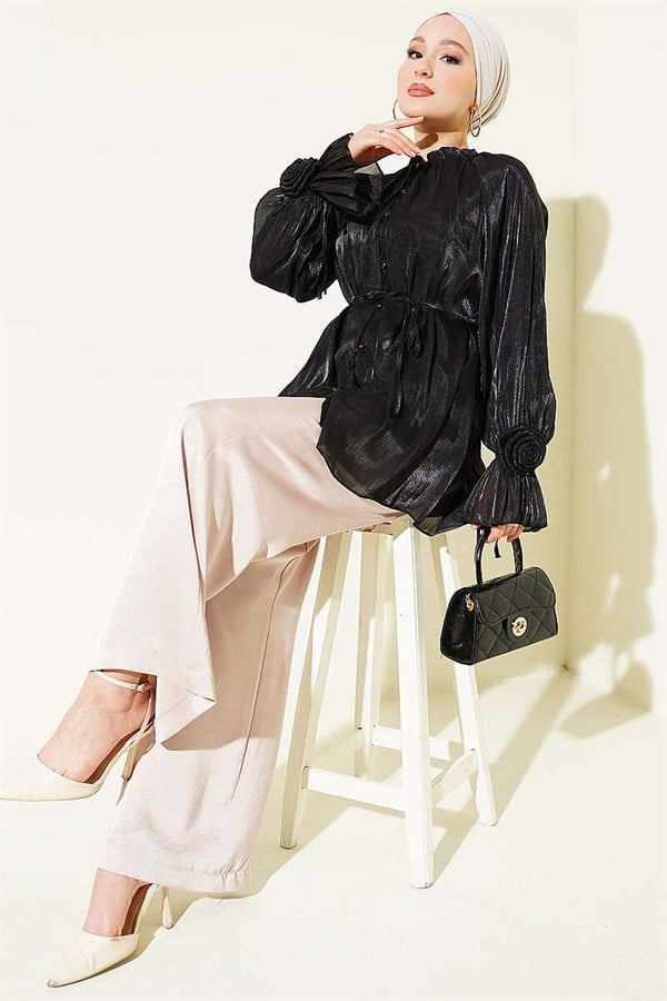 Rose Detail Buttoned Evening Shirt Black
