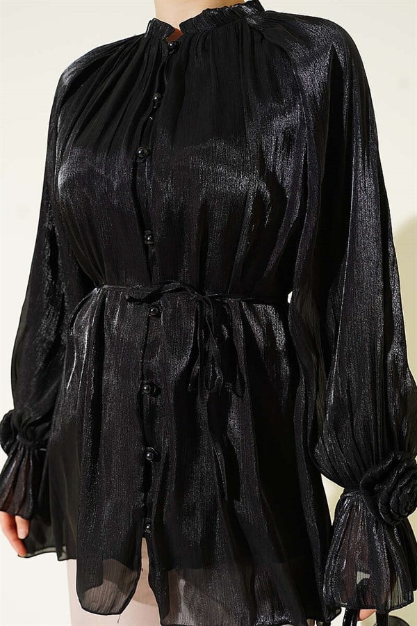 Rose Detail Buttoned Evening Shirt Black