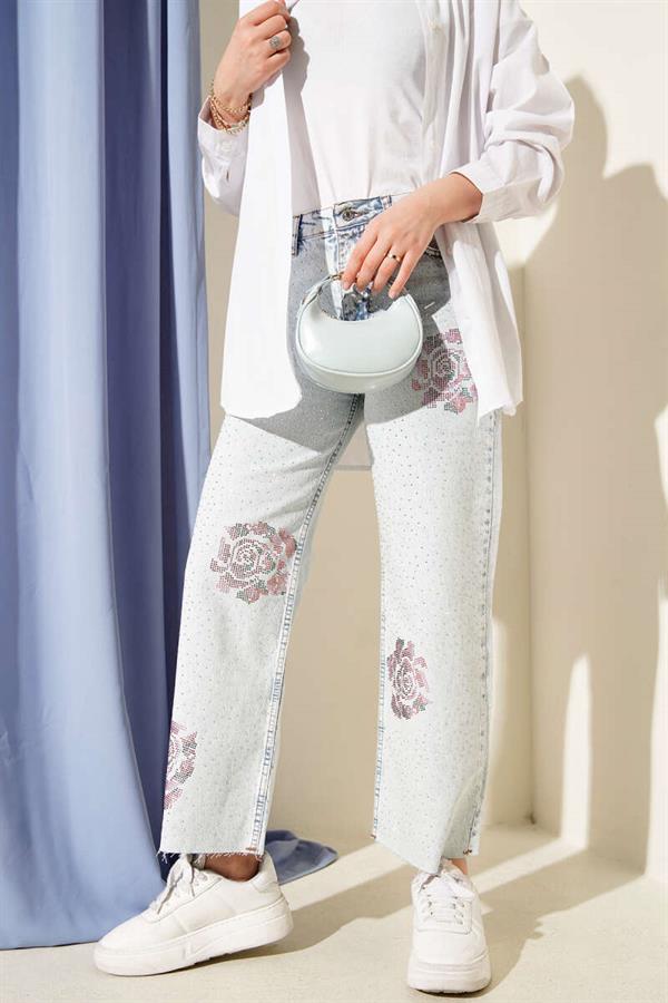 Rose Detailed Mini Stone Detailed Trousers Light Snow