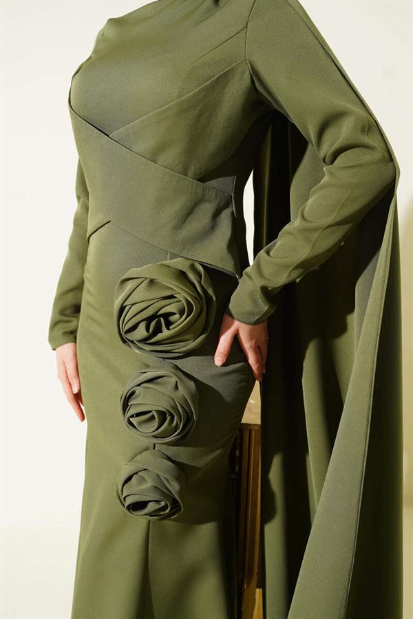 Rose Detail Cape Evening Dress Khaki