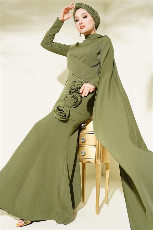 Rose Detail Cape Evening Dress Khaki