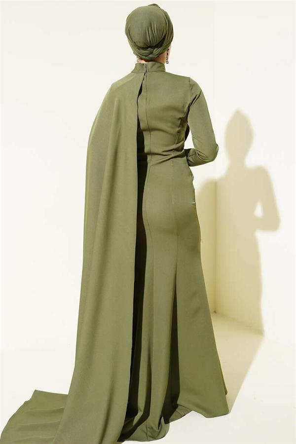 Rose Detail Cape Evening Dress Khaki