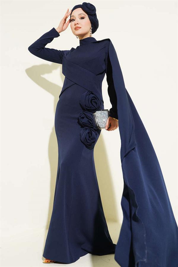 Navy Blue Evening Dress with Rose Detail and Cape