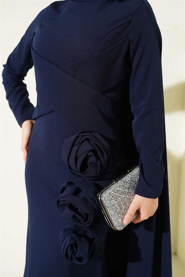 Navy Blue Evening Dress with Rose Detail and Cape