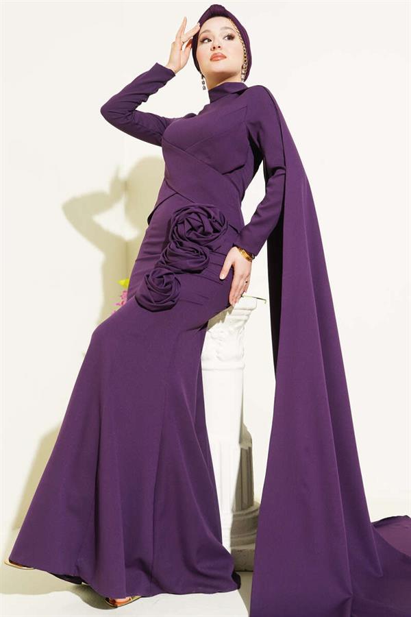 Purple Evening Dress with Rose Detail and Cape