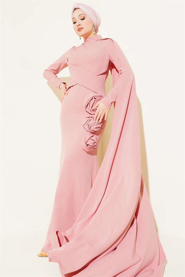 Rose Detail Cape Evening Dress Powder Pink