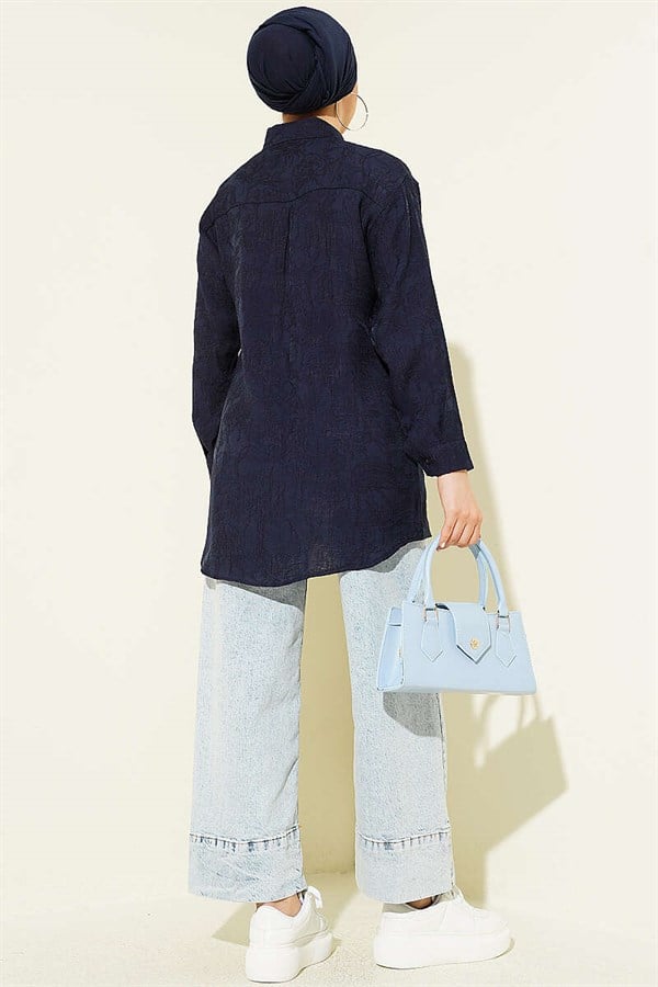 Navy Blue Shirt with Rose Embroidery Pattern
