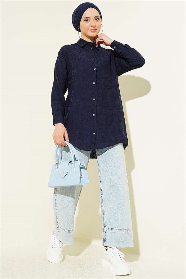 Navy Blue Shirt with Rose Embroidery Pattern