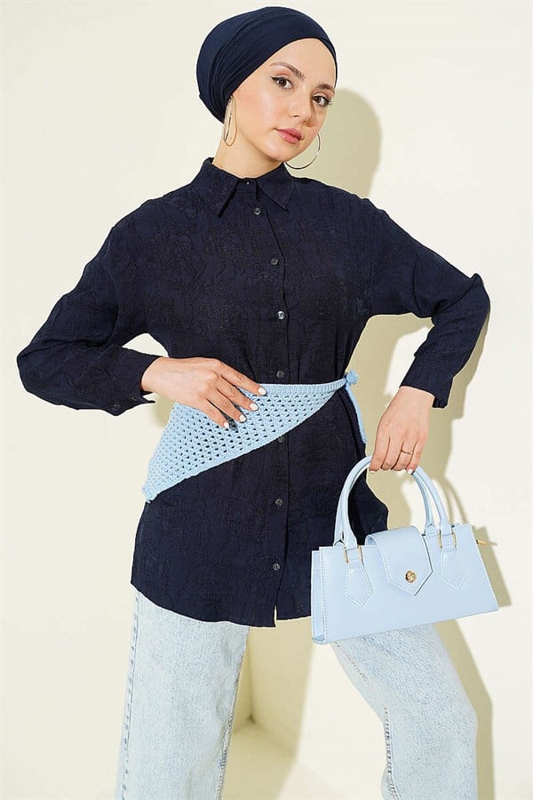 Navy Blue Shirt with Rose Embroidery Pattern