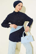 Navy Blue Shirt with Rose Embroidery Pattern