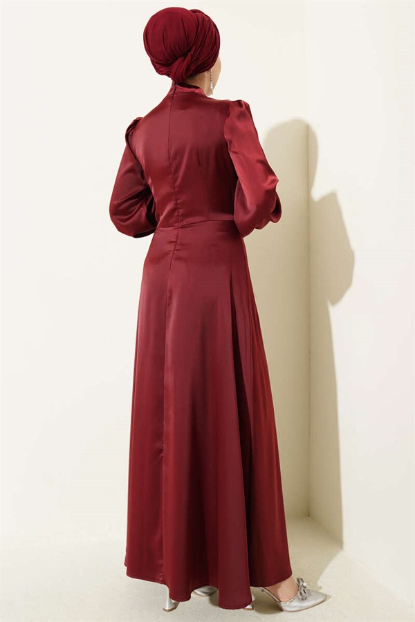 Rose Buckle Satin Evening Dress Burgundy