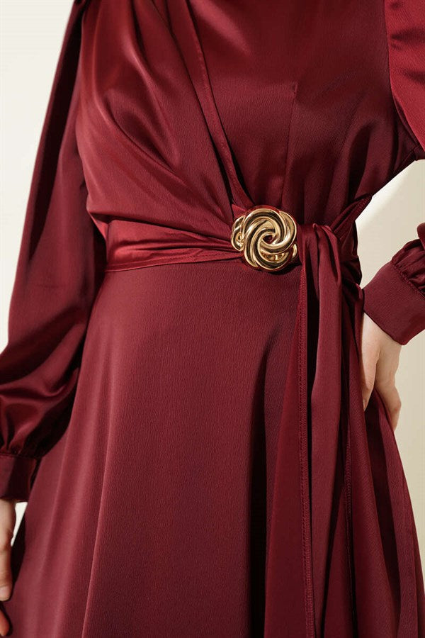Rose Buckle Satin Evening Dress Burgundy