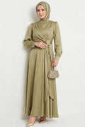 Rose Buckle Satin Evening Dress in Light Green