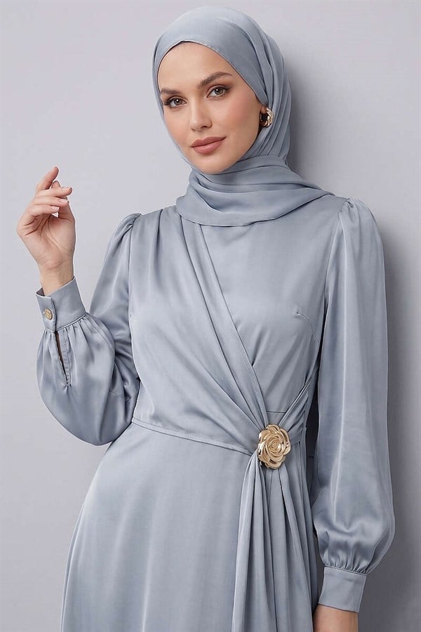 Rose Buckle Satin Evening Dress Grey
