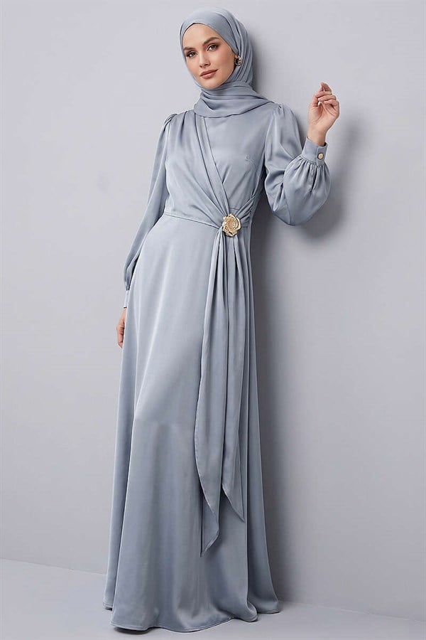 Rose Buckle Satin Evening Dress Grey