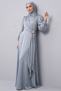 Rose Buckle Satin Evening Dress Grey