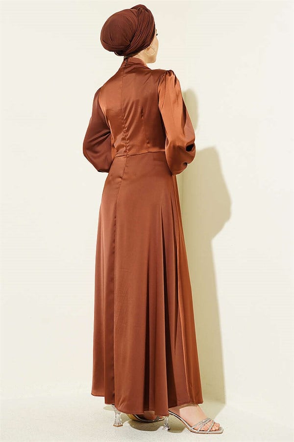 Rose Buckle Satin Evening Dress Chestnut
