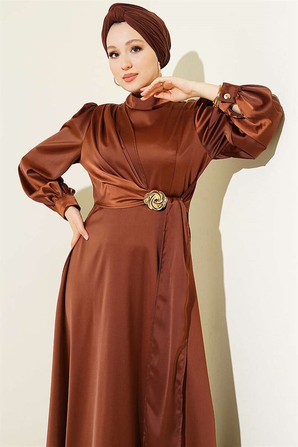 Rose Buckle Satin Evening Dress Chestnut