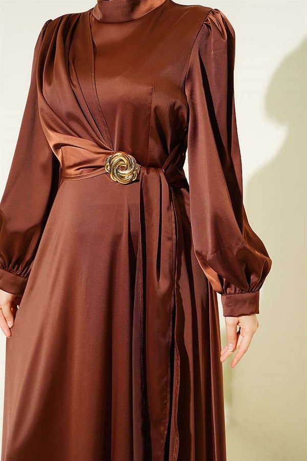 Rose Buckle Satin Evening Dress Chestnut