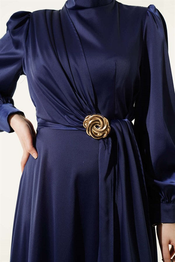 Rose Buckle Satin Evening Dress Navy Blue