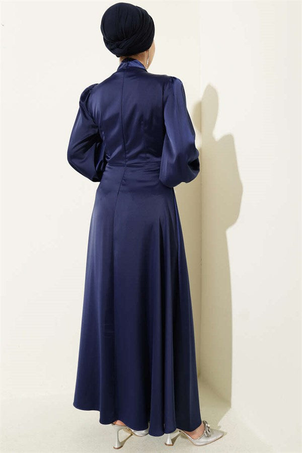 Rose Buckle Satin Evening Dress Navy Blue