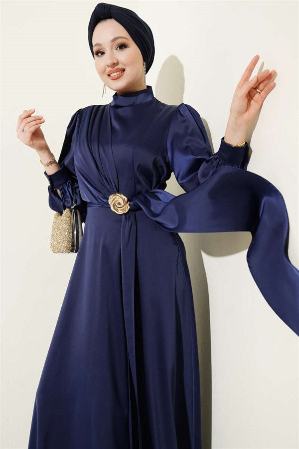 Rose Buckle Satin Evening Dress Navy Blue