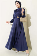 Rose Buckle Satin Evening Dress Navy Blue