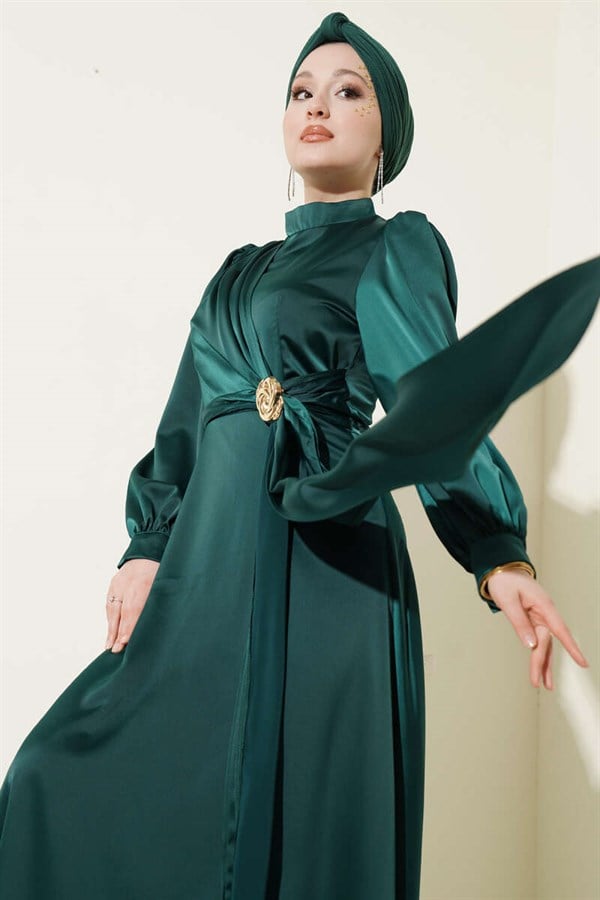 Rose Buckle Satin Evening Dress Emerald