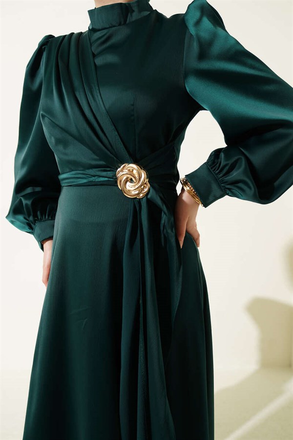 Rose Buckle Satin Evening Dress Emerald