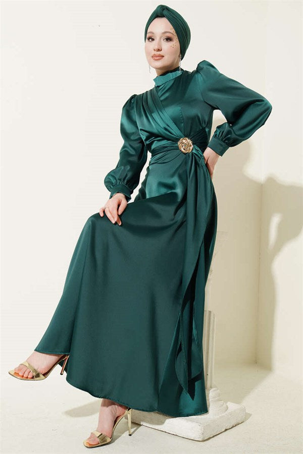 Rose Buckle Satin Evening Dress Emerald