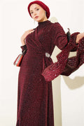 Burgundy Evening Dress with Silver Buckle and Glittery Embellishments