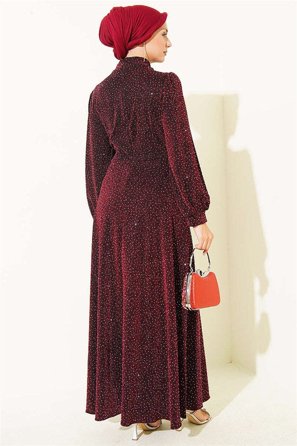 Burgundy Evening Dress with Silver Buckle and Glittery Embellishments