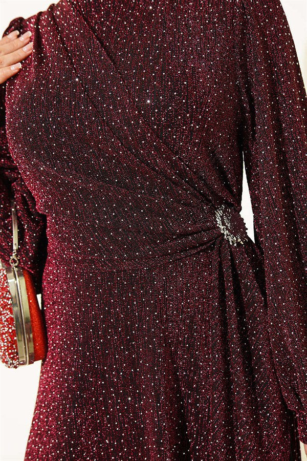 Burgundy Evening Dress with Silver Buckle and Glittery Embellishments