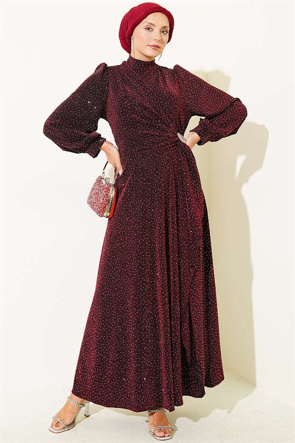Burgundy Evening Dress with Silver Buckle and Glittery Embellishments