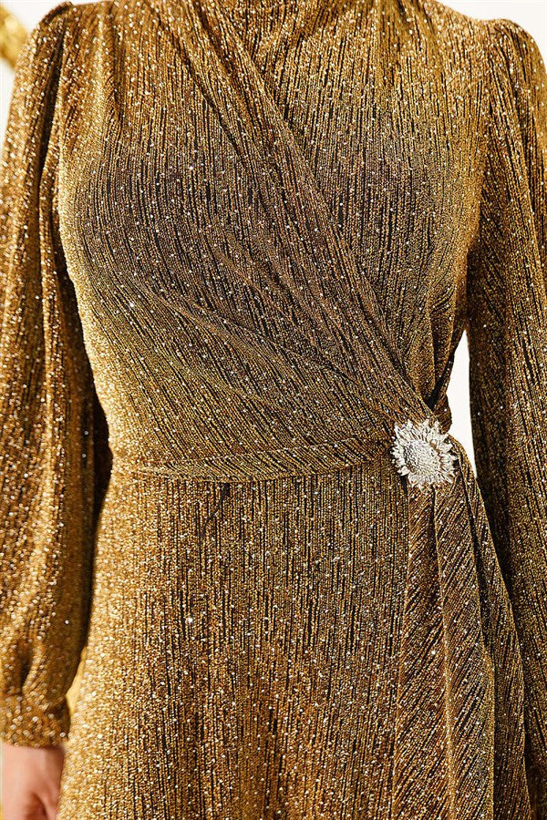 Gold Evening Dress with Silver Buckle and Glittery Stones