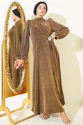 Gold Evening Dress with Silver Buckle and Glittery Stones