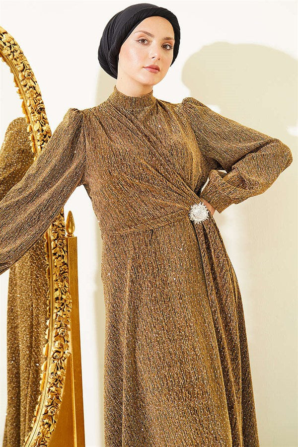 Gold Evening Dress with Silver Buckle and Glittery Stones