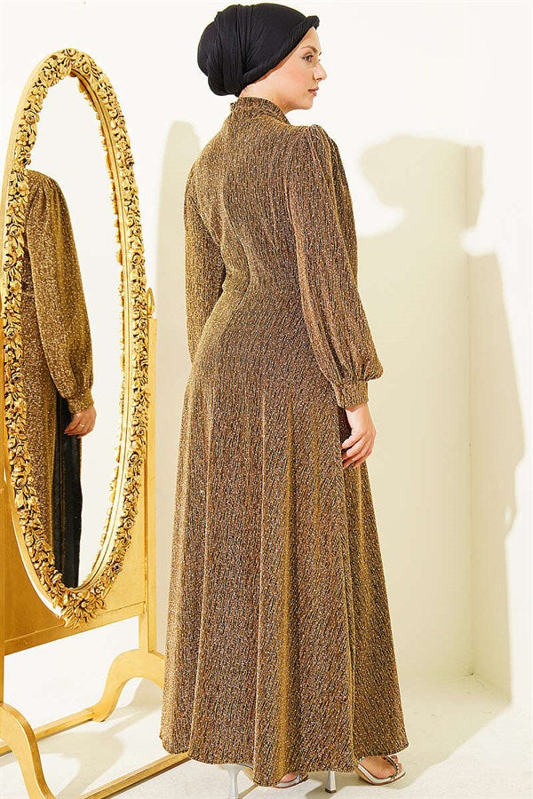 Gold Evening Dress with Silver Buckle and Glittery Stones