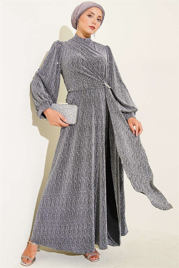 Silver Buckle Embellished Evening Dress with Glitter and Stones