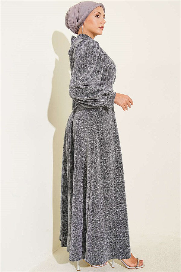 Silver Buckle Embellished Evening Dress with Glitter and Stones