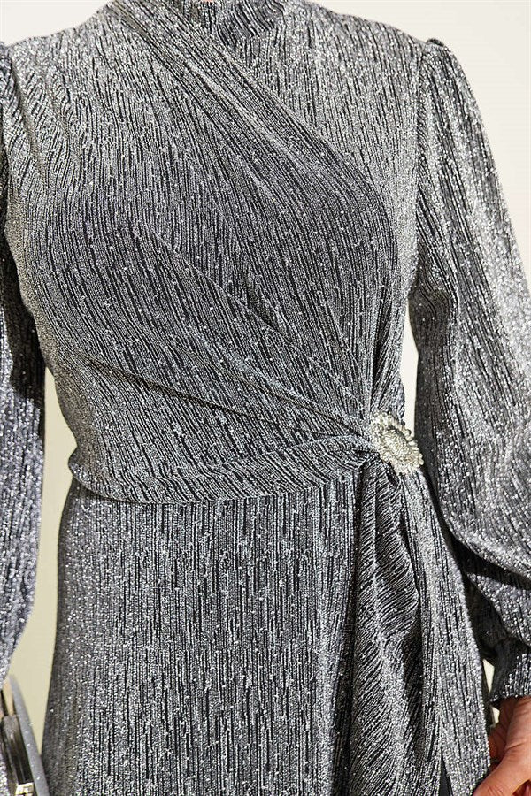 Silver Buckle Embellished Evening Dress with Glitter and Stones