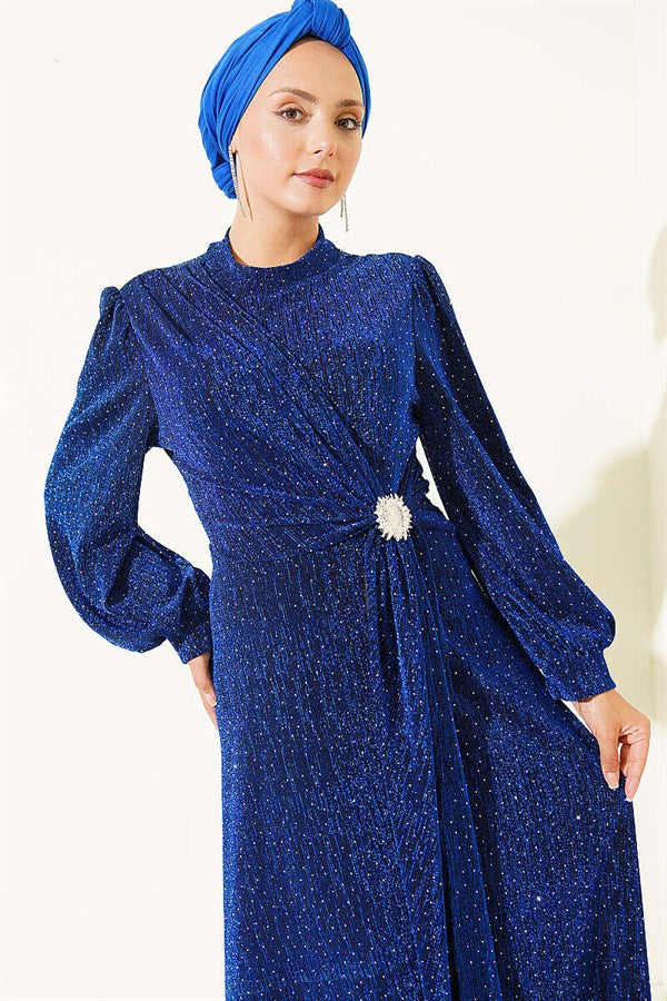 Silver Buckle Embellished Evening Dress in Saks