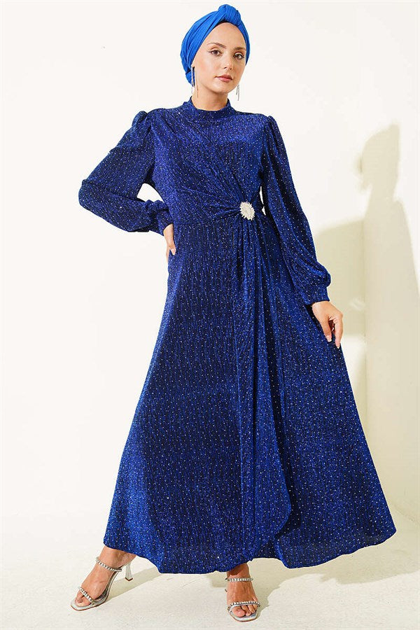 Silver Buckle Embellished Evening Dress in Saks