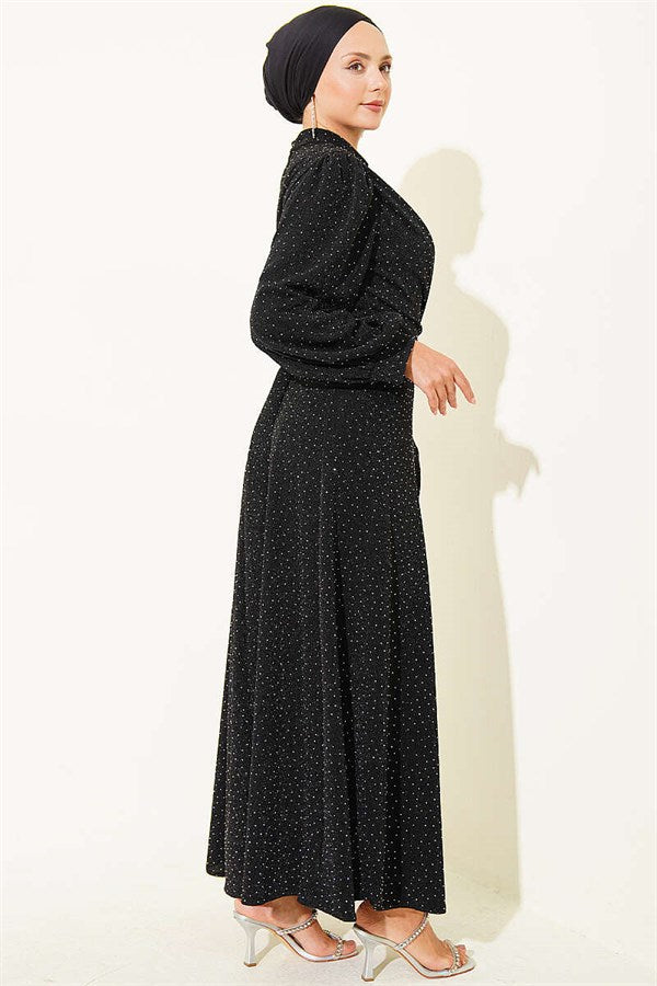 Silver Buckle Embellished Glittery Evening Dress, Black