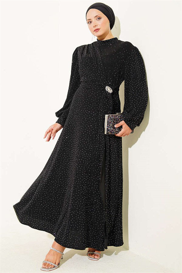 Silver Buckle Embellished Glittery Evening Dress, Black